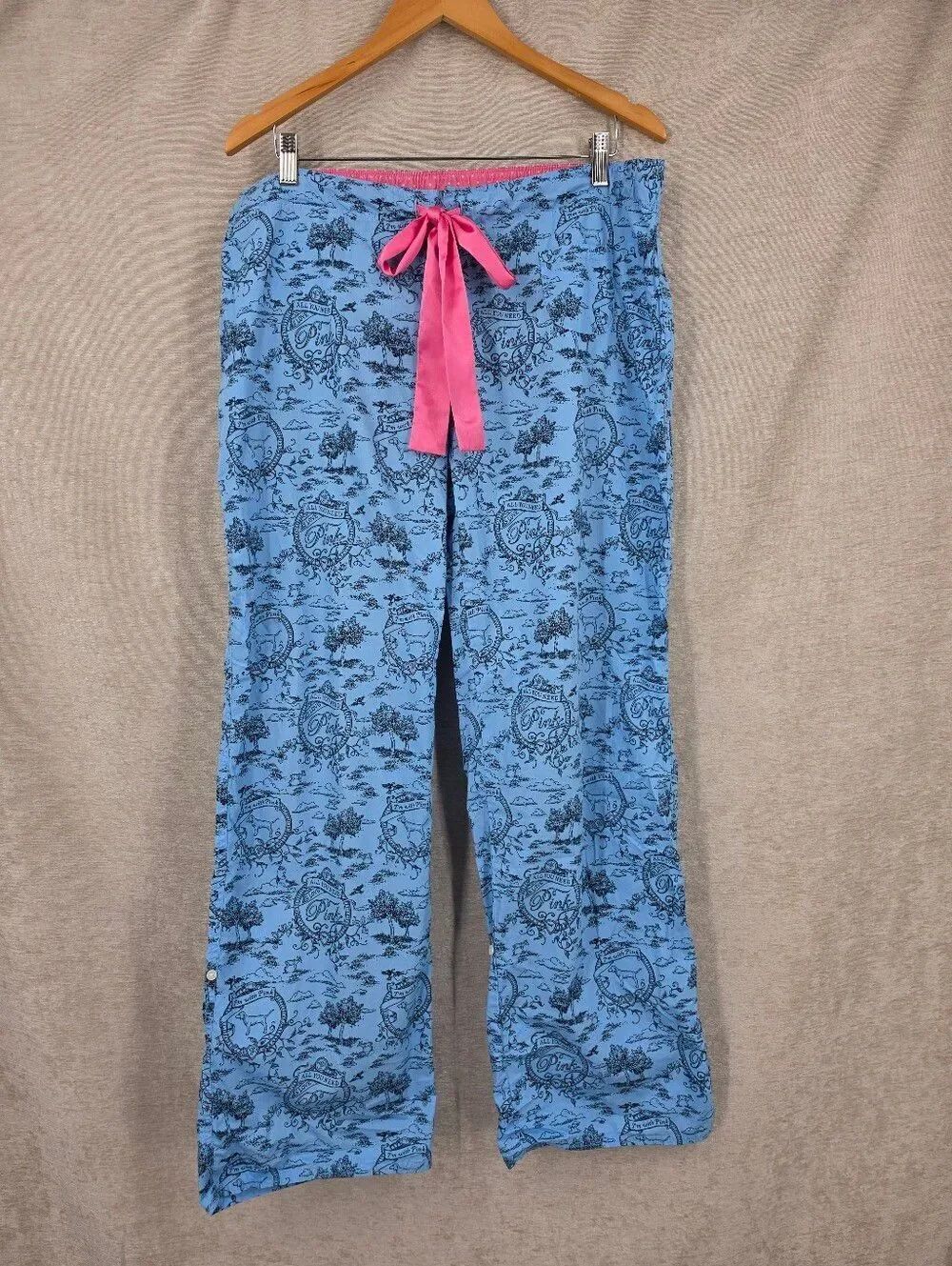 Pink Victoria's Secret Blue Toile Lounge Pants with Pink Satin Drawstring